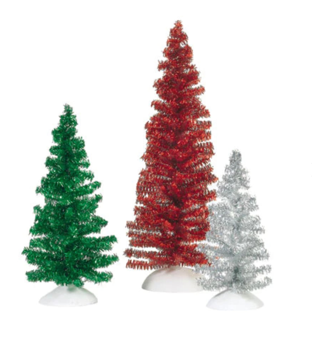 Department 56 - Village Accessories - Classic Tinsel Trees - Red, Green, Silver (Set of 3)